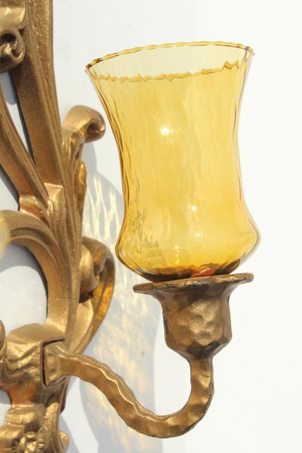 vintage ornate gold metal candle sconces w/ amber glass candle holder shades