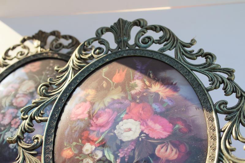 vintage ornate gold metal frames w/ convex bubble glass, flemish style floral prints