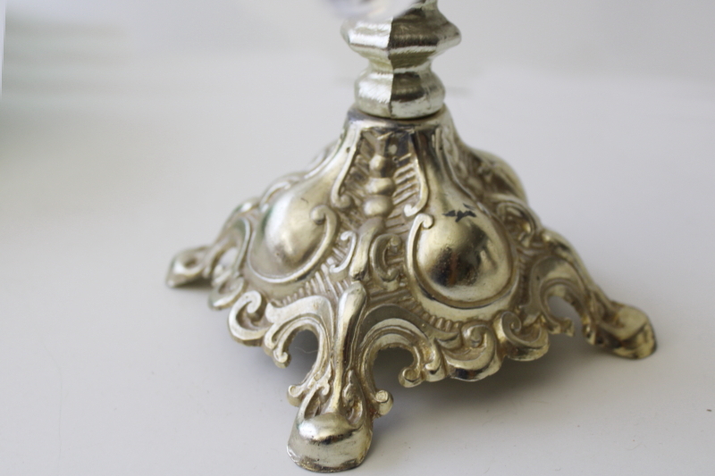 vintage ornate gold plastic candelabra candle holder w/ glass teardrop prisms