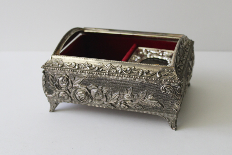 vintage ornate metal jewelry box w/ Swiss music movement, cover made for needlework or picture
