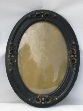 vintage oval convex bubble curved glass in antique wood w/ ornate gesso frame, black