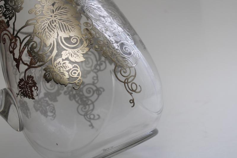 vintage overlay silver deposit glass pitcher w/ hand painted grapes, leaf & vine