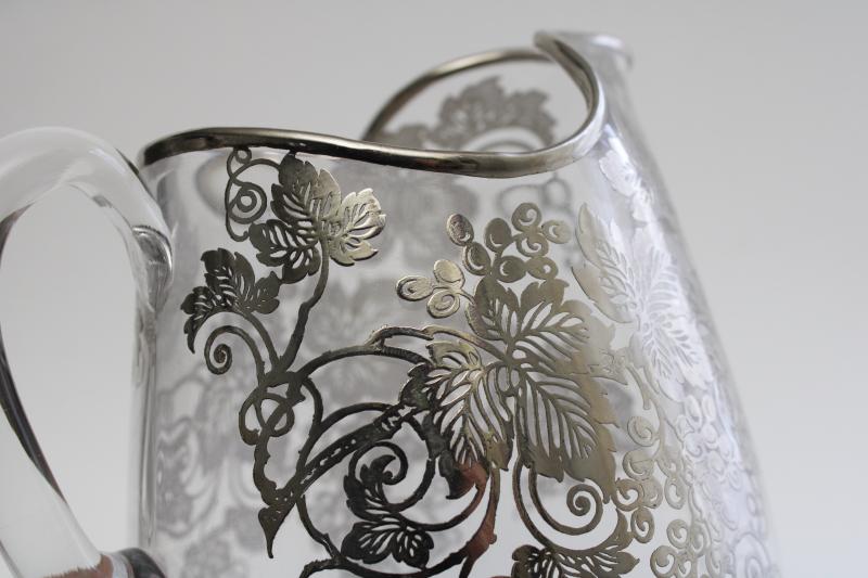 vintage overlay silver deposit glass pitcher w/ hand painted grapes, leaf & vine