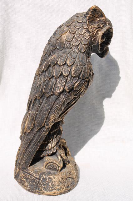 vintage owl statue, large chalkware figure w/ old gold black paint, magic mystical fairy tale owl