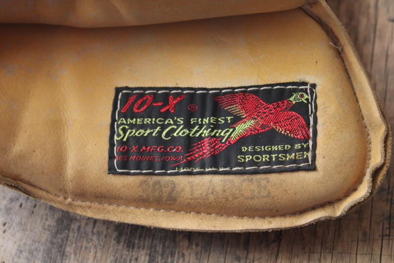 vintage padded leather shooting glove, 10X Sport Clothing label 1940s or 50s hunting gear