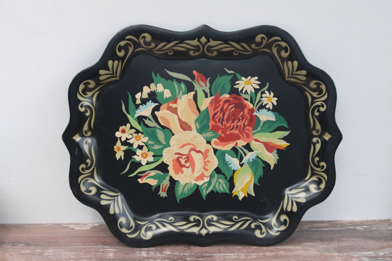 vintage paint by number hand painted metal tray, roses floral on black tole craft art