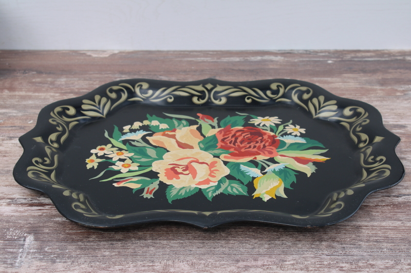 vintage paint by number hand painted metal tray, roses floral on black tole craft art