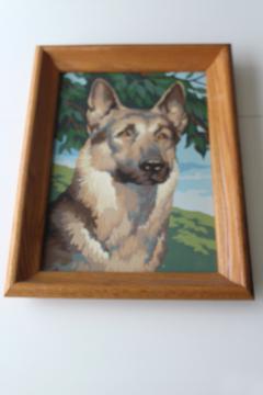 vintage paint by number painting, German Shepherd dog picture in wood frame