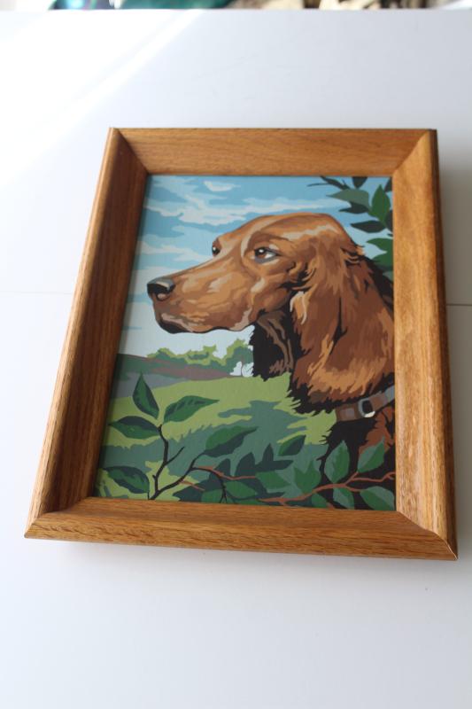 vintage paint by number painting, Irish setter dog picture in wood frame