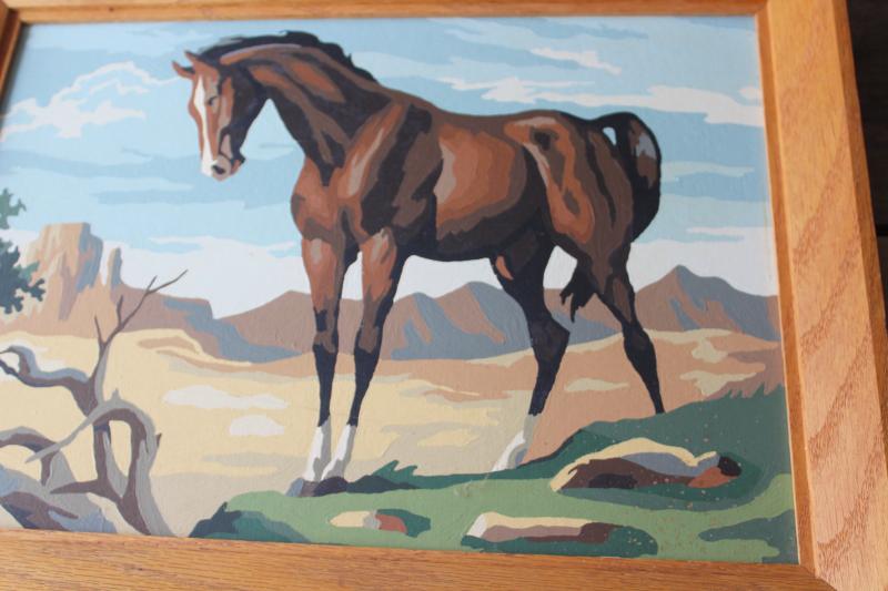 vintage paint by number painting, desert mustang horse picture in wood frame