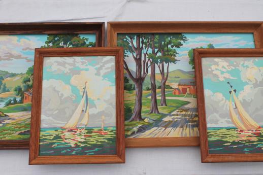 vintage paint by number paintings, sailboats on the water & farm country pictures