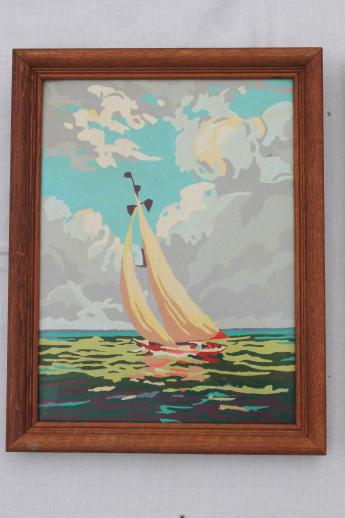 vintage paint by number paintings, sailboats on the water & farm country pictures