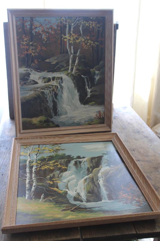 vintage paint by number picture paintings, rocky waterfall landscape scenes