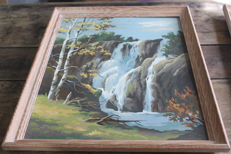 vintage paint by number picture paintings, rocky waterfall landscape scenes