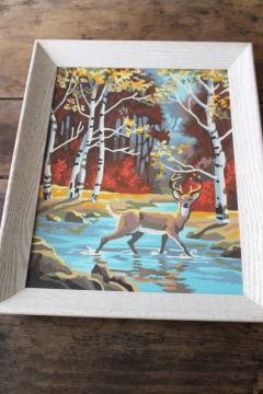 vintage paint by number picture, woodland deer autumn woods PBN painting framed