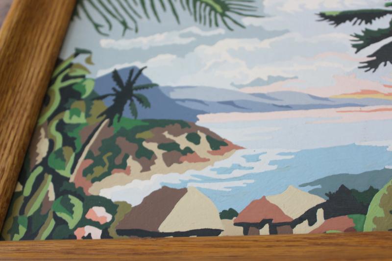 vintage paint by number pictures, retro tiki style tropical island beach scenes