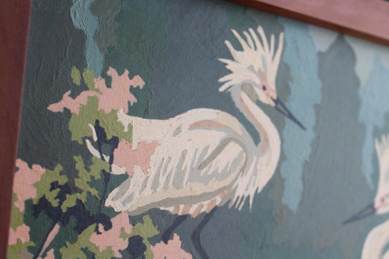 vintage paint by number pictures, white egrets & swans w/ flowering trees, Everglades scenes?