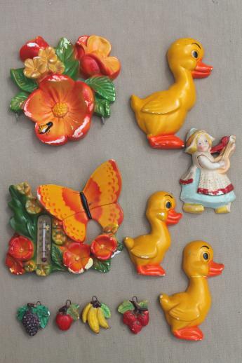 vintage painted chalkware plaques, retro kitchen wall art lot, bright fruit, ducks in a row etc.