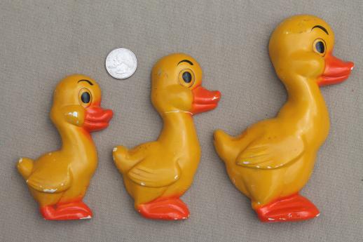 vintage painted chalkware plaques, retro kitchen wall art lot, bright fruit, ducks in a row etc.
