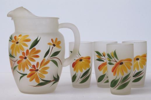 vintage painted glass pitcher & tumblers set, drinking glasses & lemonade pitcher