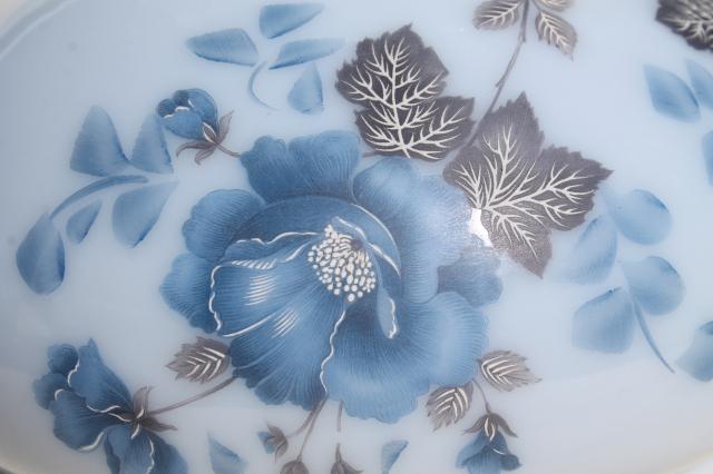 vintage painted glass shade w/ blue roses, replacement lampshade for student lamp desk light