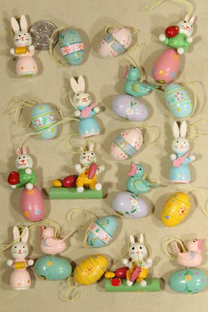 vintage painted wood Easter ornaments, mini size decorations for tabletop tree