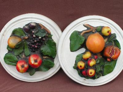 vintage pair 40's chalkware fruit wall plaques