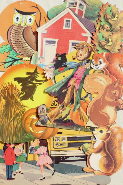 vintage paper die-cut decorations, autumn fall leaves squirrels, back to school bus