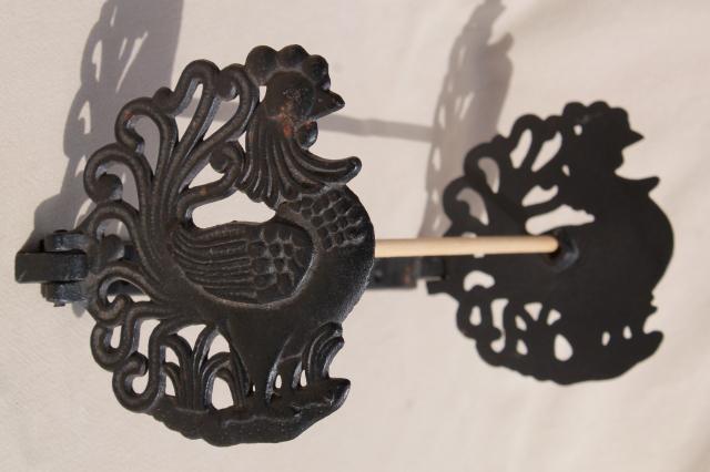 vintage paper towel holder wall rack, country kitchen black cast iron rooster chicken