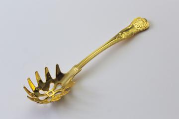 vintage pasta server rake scoop spoon shape, gold electroplate shell pattern flatware