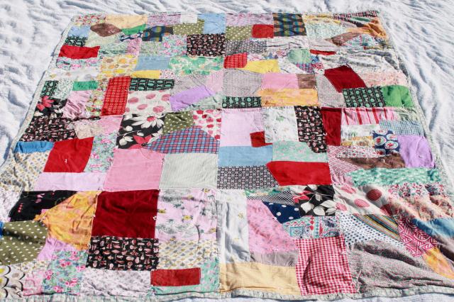 vintage patchwork crazy quilt bedspread, bohemian hippie style retro prints & wild colors