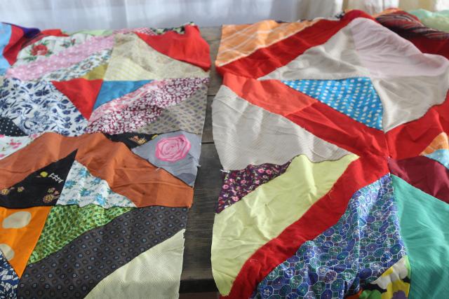 vintage patchwork crazy quilt tops or bedspreads, bohemian retro 60s colorful prints