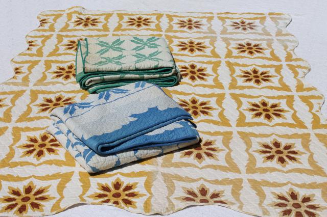 vintage patchwork print cotton whole cloth quilt bedcovers, old Kentucky quilts lot