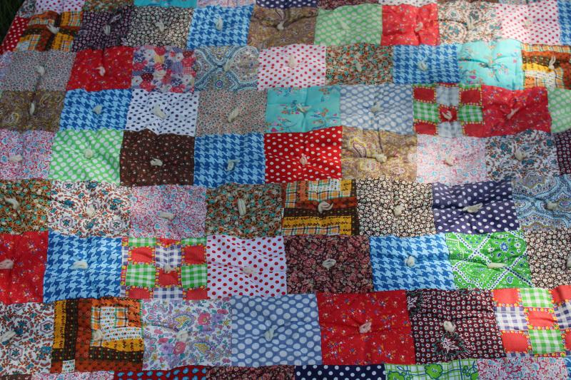 vintage patchwork quilt or tied comforter, bright cotton prints country prairie girl style