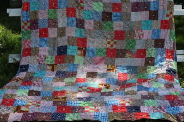 vintage patchwork quilt or tied comforter, bright cotton prints country prairie girl style
