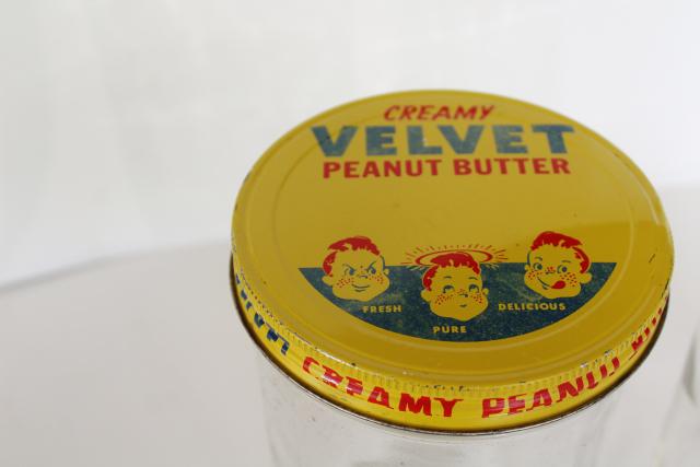 vintage peanut butter containers, glass jars w/ metal lids Velvet, Ann Page brand