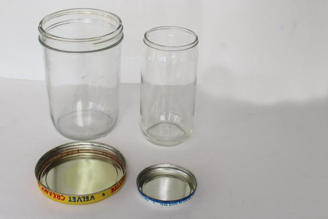 vintage peanut butter containers, glass jars w/ metal lids Velvet, Ann Page brand