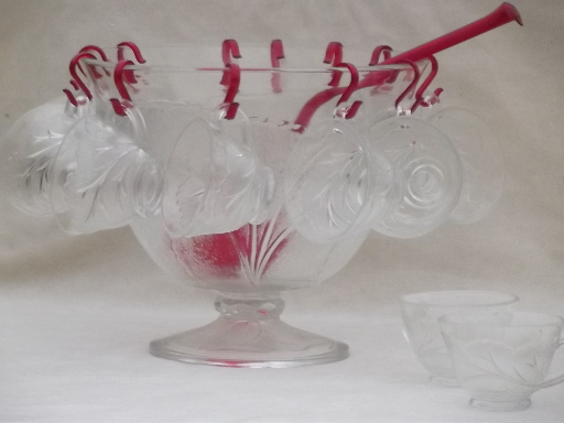 vintage pebble leaf pattern glass punch set, Indiana crystal bowl & cups w/ red ladle