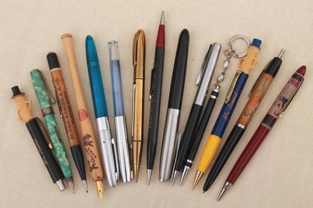 vintage pen & pencil lot novelty pens & mechanical pencils Mr. Peanut pinup