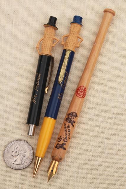 vintage pen & pencil lot novelty pens & mechanical pencils Mr. Peanut pinup