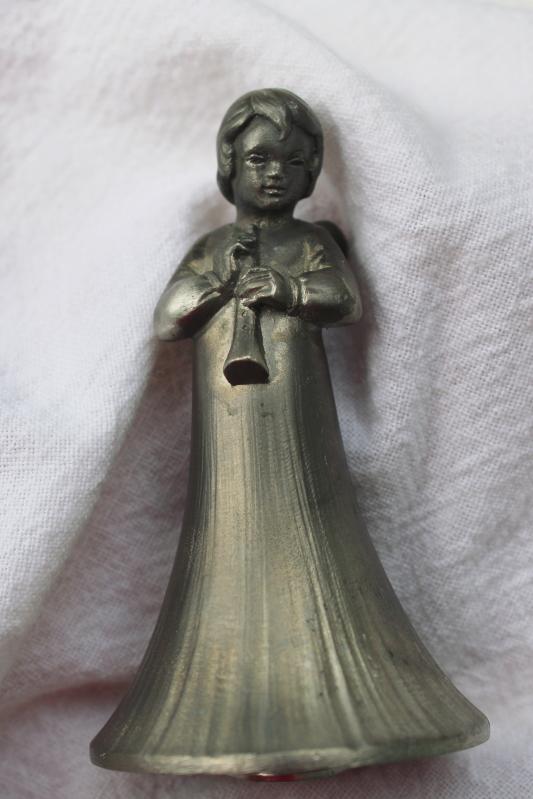 vintage pewter bell stamped made in England, Christmas angel w/ horn