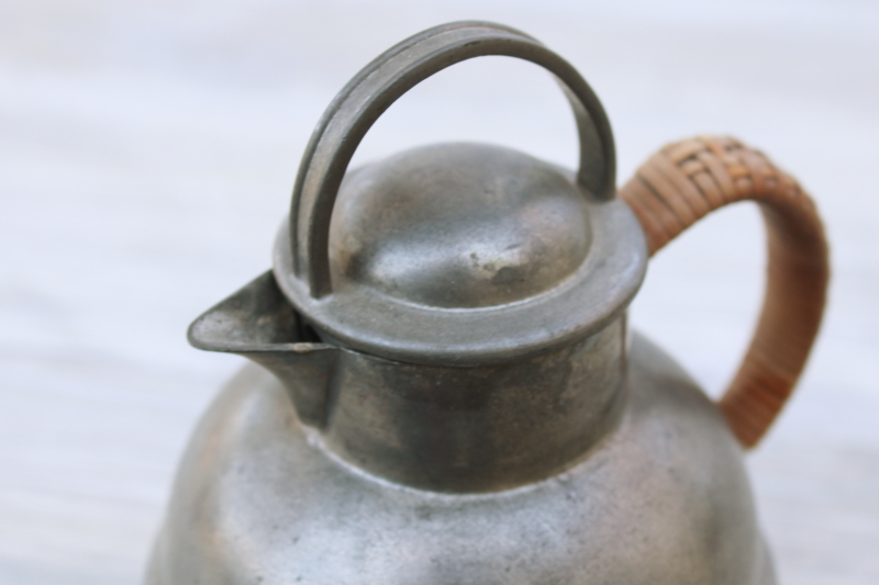 vintage pewter coffee pot w/ wicker handle, tarnished patina rustic modern neutral decor