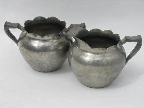 vintage pewter lot, two cream pitcher and sugar bowl sets