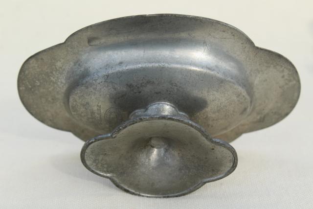 vintage pewter soapdish or tiny oval comport, zinc metal pedestal stand dish