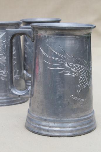 vintage pewter steins with Chinese dragons, glass bottom mugs from Swatow China