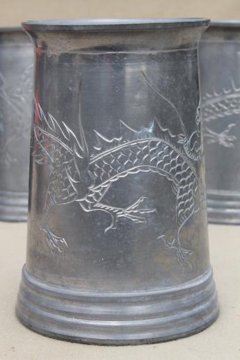vintage pewter steins with Chinese dragons, glass bottom mugs from Swatow China