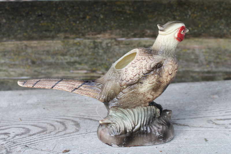 vintage pheasant bird planter, rustic camp or hunting cabin decor, plastic blow mold