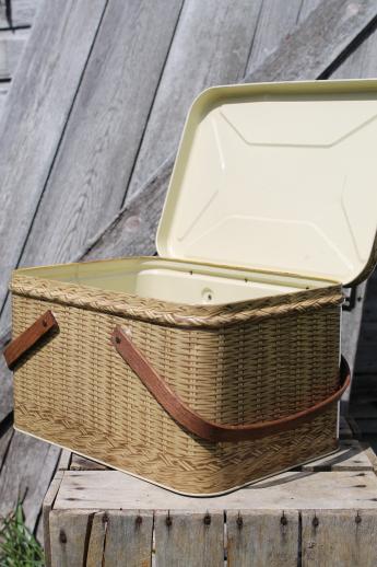 vintage picnic basket tin, Decoware wicker print metal picnic hamper w/ wood handles