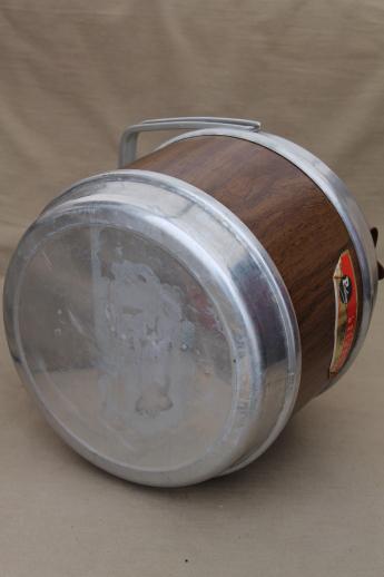 vintage picnic jug Poloron insulated cooler, retro wood grain one gallon thermos