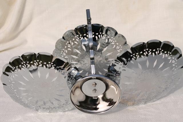 vintage pierced chrome folding tiered plates stand, for petit fours, tea cake 